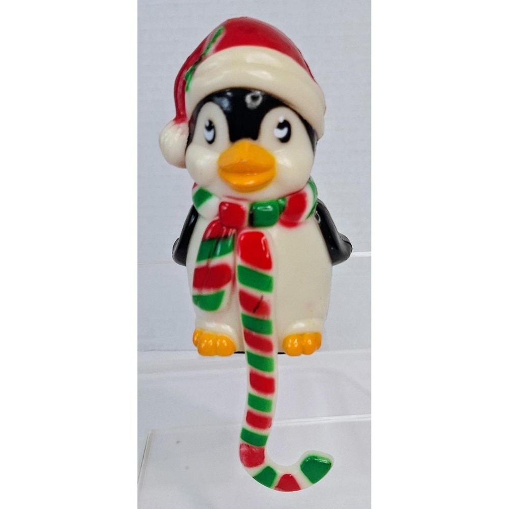 Vtg New Design Blow Mold Stocking Holder Penguin Santa Hat Striped Scarf